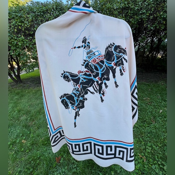 Vintage Chariot Scene Crepe Silk Scarf | Cohama | Charioteer Warrior | 33”x38.5” - Picture 16 of 17